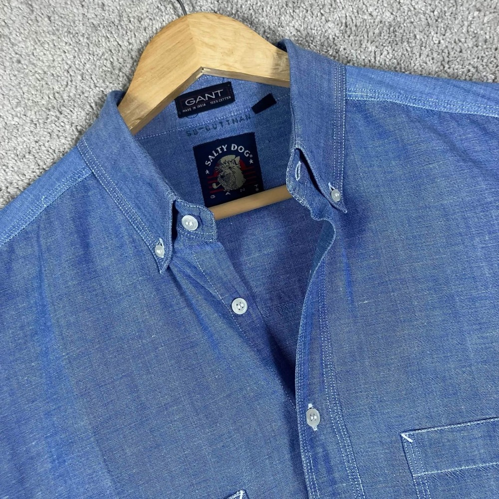 Vintage 90s Gant Button Down Shirt Mens Large Blue Salty Dog Short Sleeve Cotton